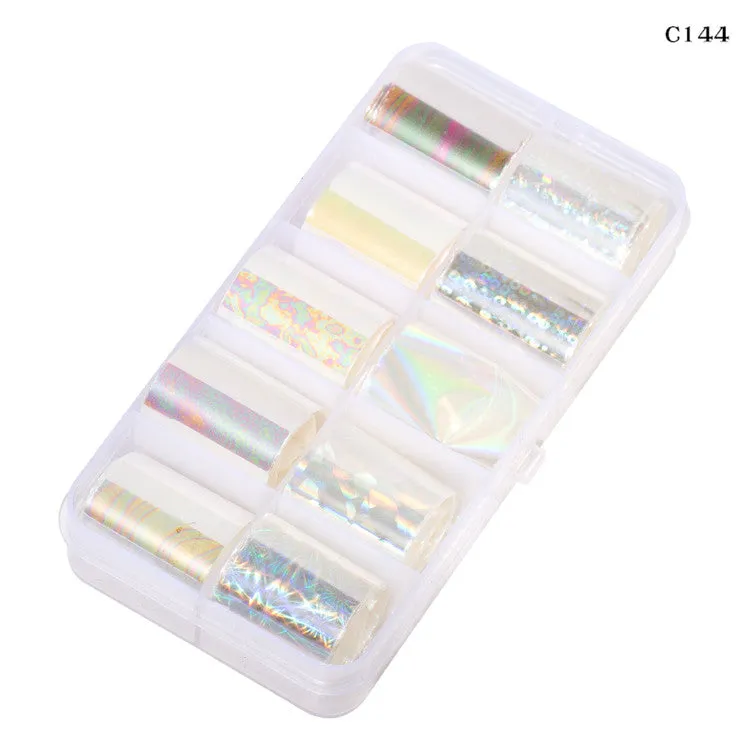 10 Design/set  2.5*100cm Holographic Nail Art Transfer Foil Stickers Paper Starry AB Color UV Gel Wraps Nail Adhesive Decals