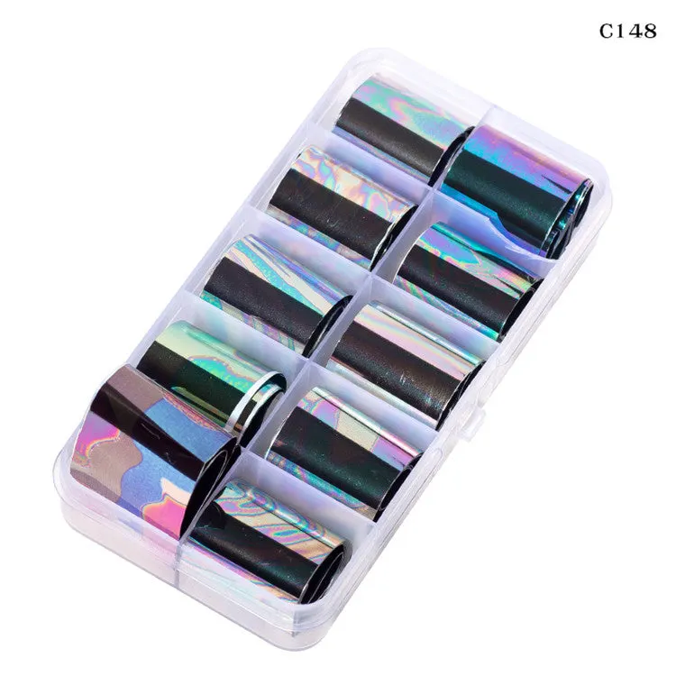 10 Design/set  2.5*100cm Holographic Nail Art Transfer Foil Stickers Paper Starry AB Color UV Gel Wraps Nail Adhesive Decals