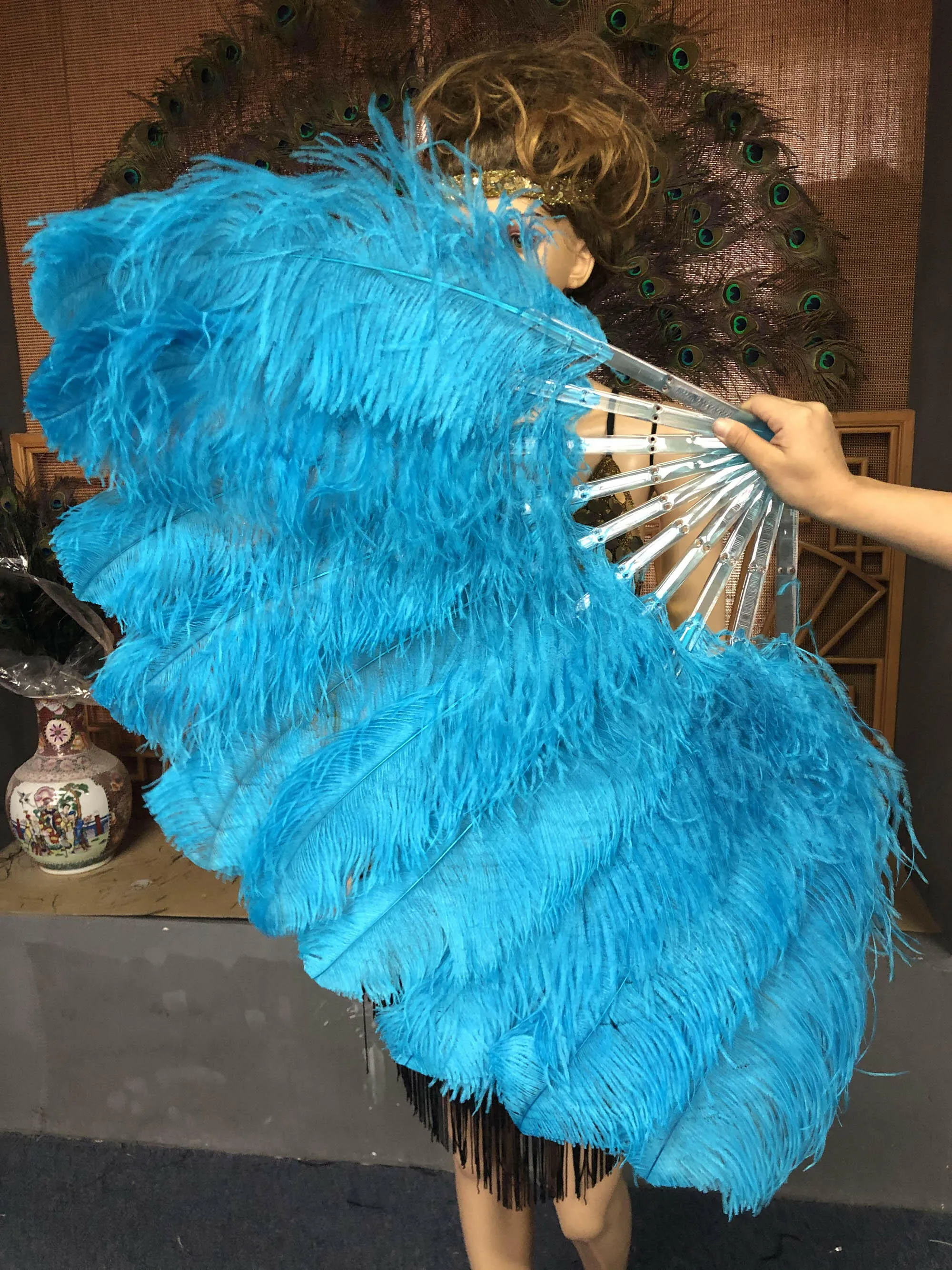 A pair turquoise Single layer Feather fan 24"x 41"