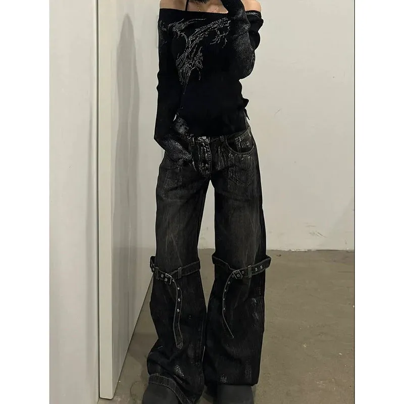 Aiertu Black Women's Jeans High Waist Hip Hop Straight Fashion Pants Streetwear Harajuku Y2K Star 2024 Female Wide Leg Denim Trouser