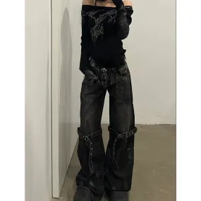 Aiertu Black Women's Jeans High Waist Hip Hop Straight Fashion Pants Streetwear Harajuku Y2K Star 2024 Female Wide Leg Denim Trouser