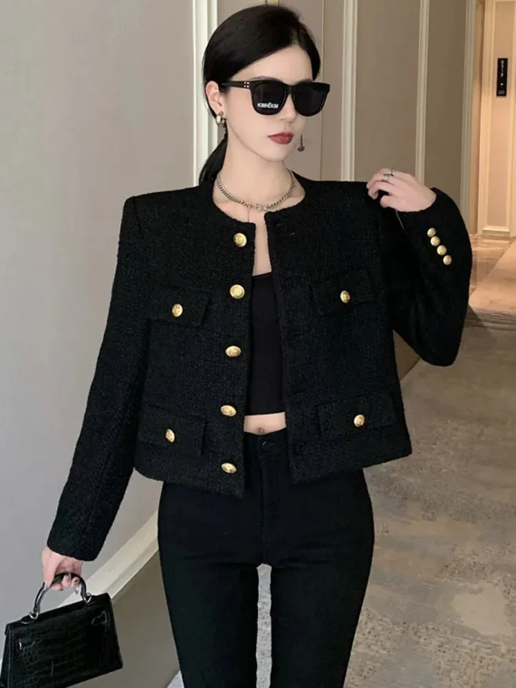 Aiertu Fall Winter French Vintage Small Fragrant Tweed Jacket Coat Women Elegant Casual Woolen Short Coats Streetwear Outwear Crop Top