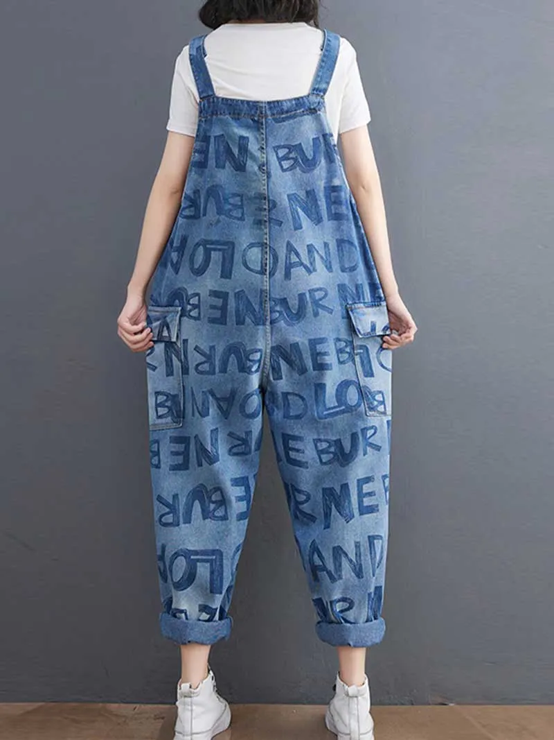 Alphabets Letter Print Denim High Waist Overalls Dungaree