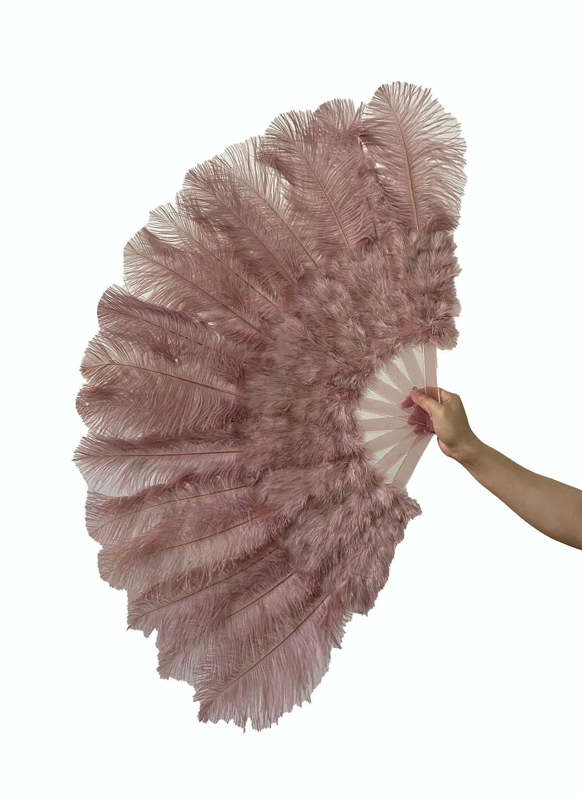 beige wood Marabou Ostrich Feather fan 21"x 38"