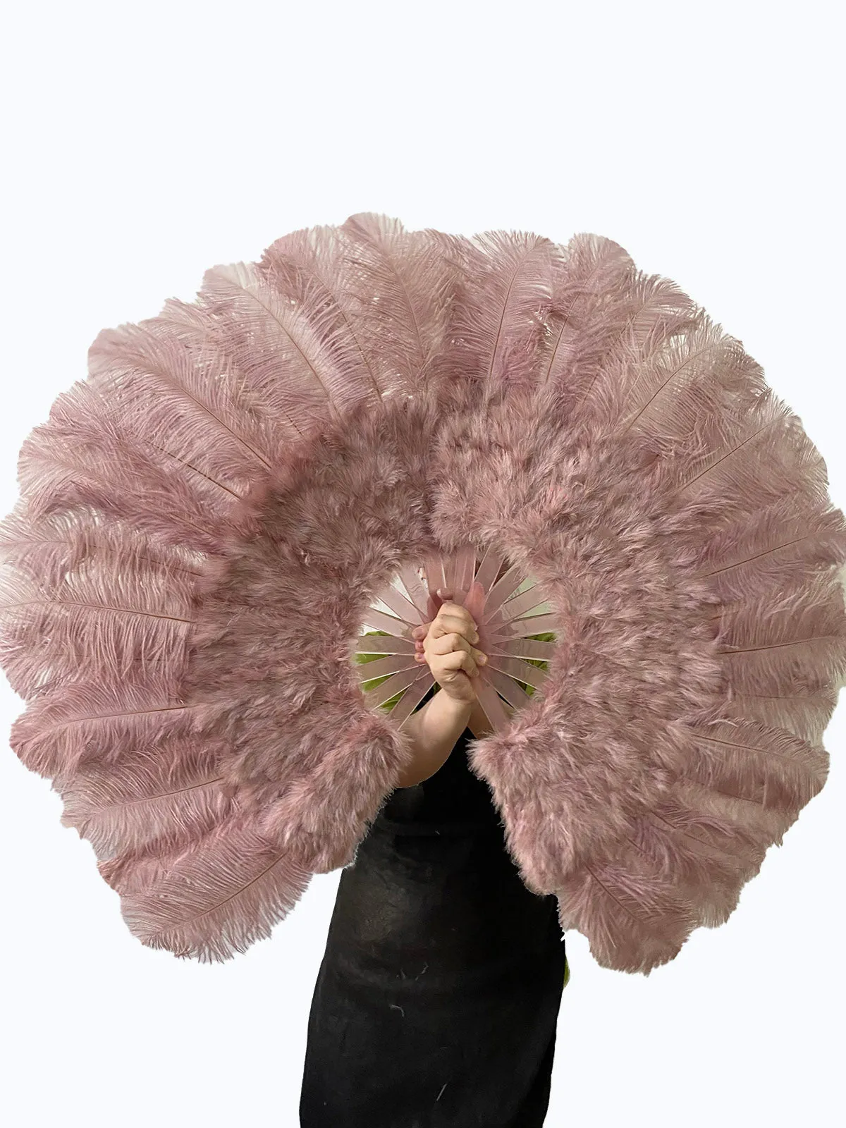 beige wood Marabou Ostrich Feather fan 21"x 38"