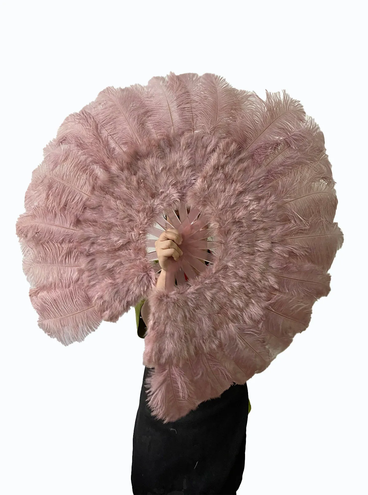 beige wood Marabou Ostrich Feather fan 21"x 38"