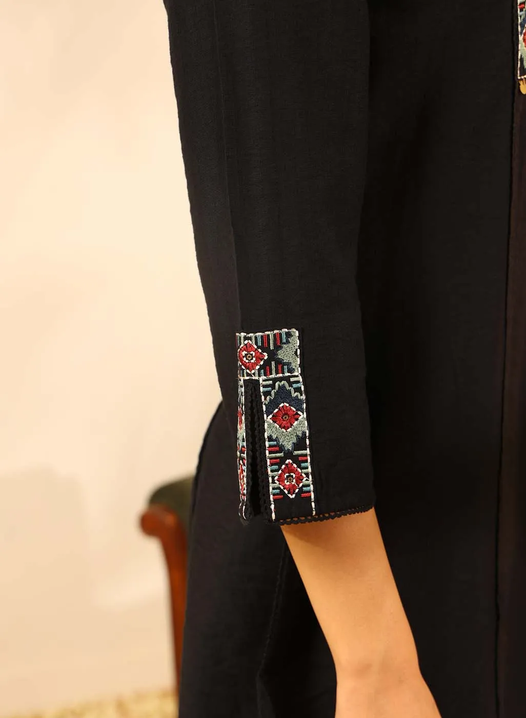 Black Collared Tunic with Intricate Embroidery and Bell Sleeves