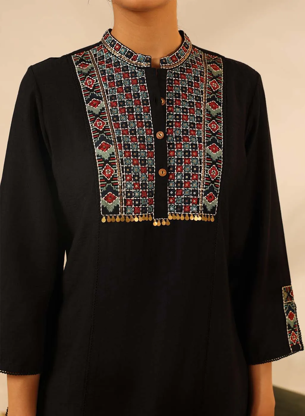 Black Collared Tunic with Intricate Embroidery and Bell Sleeves