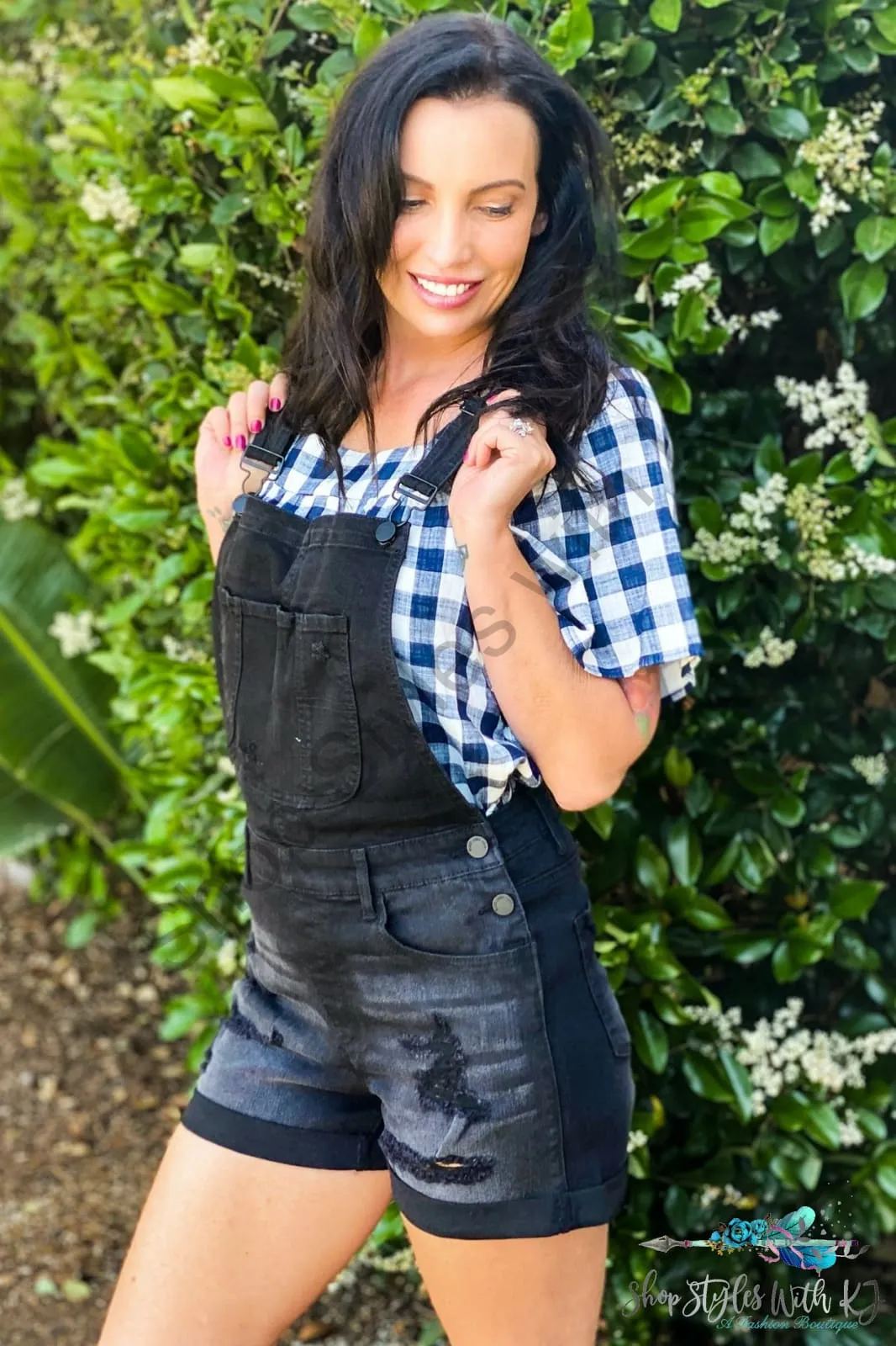 Black Distressed Denim Overall Shorts - Size L