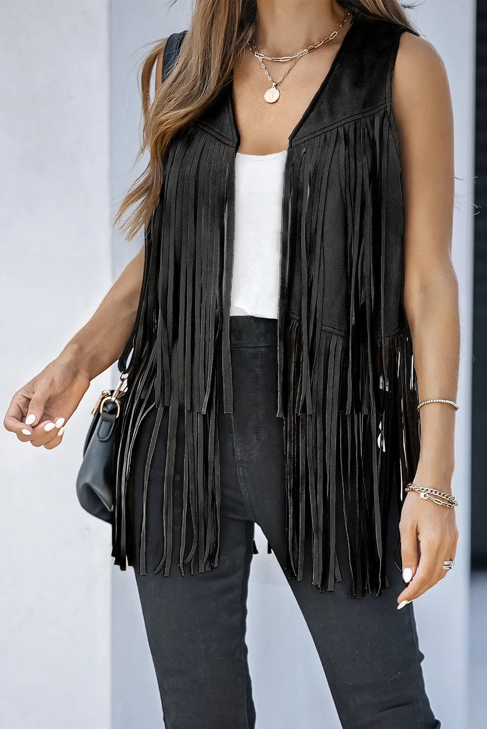 Black Fringed Quilted Hem Open Vest Coat