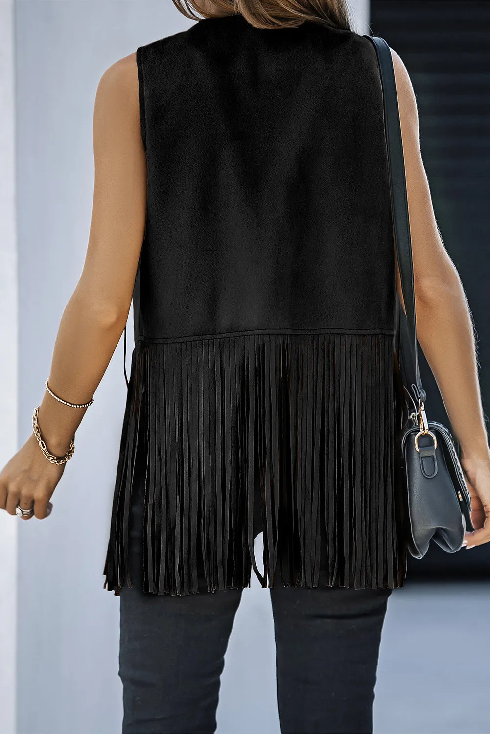 Black Fringed Quilted Hem Open Vest Coat