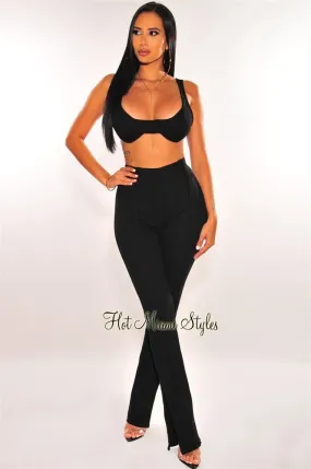 Black Ribbed Knit Underwire High Waist Palazzo Two Piece Set