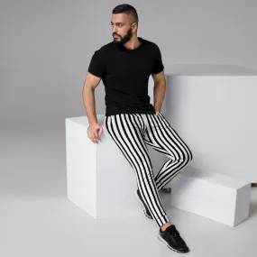 Black White Striped Men's Joggers, Modern Minimalist Vertical Stripe Sweatpants-Made in EU