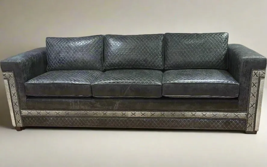 Blue Quilted Western Hair on Hide Leather Sofa