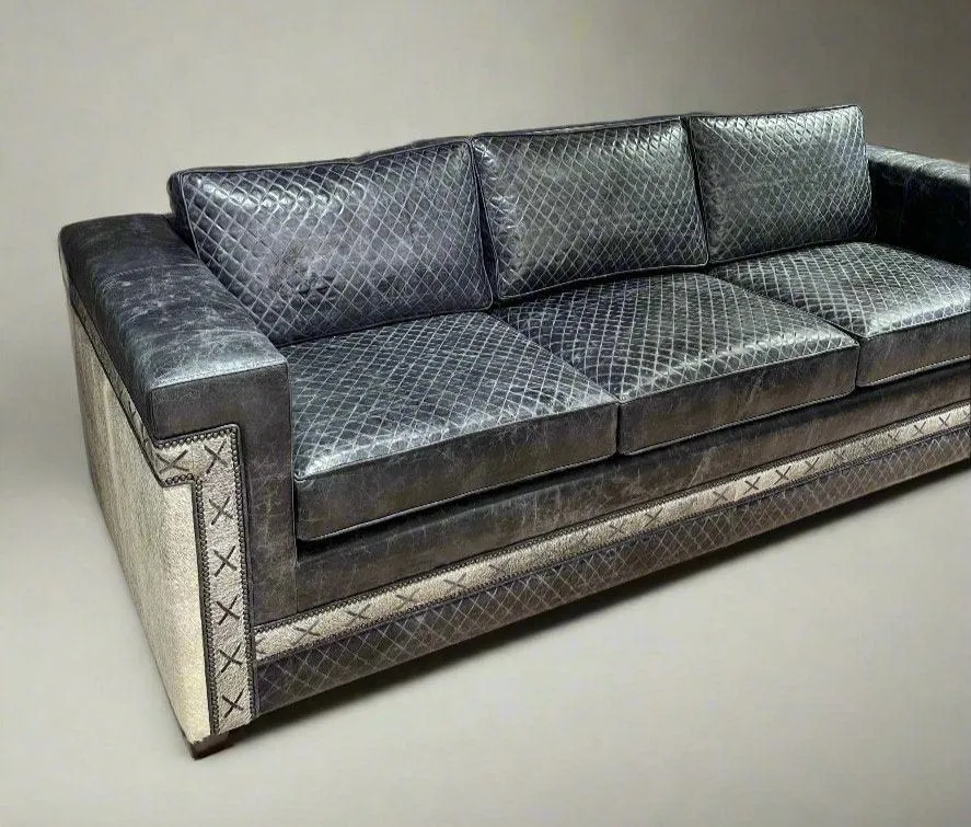 Blue Quilted Western Hair on Hide Leather Sofa