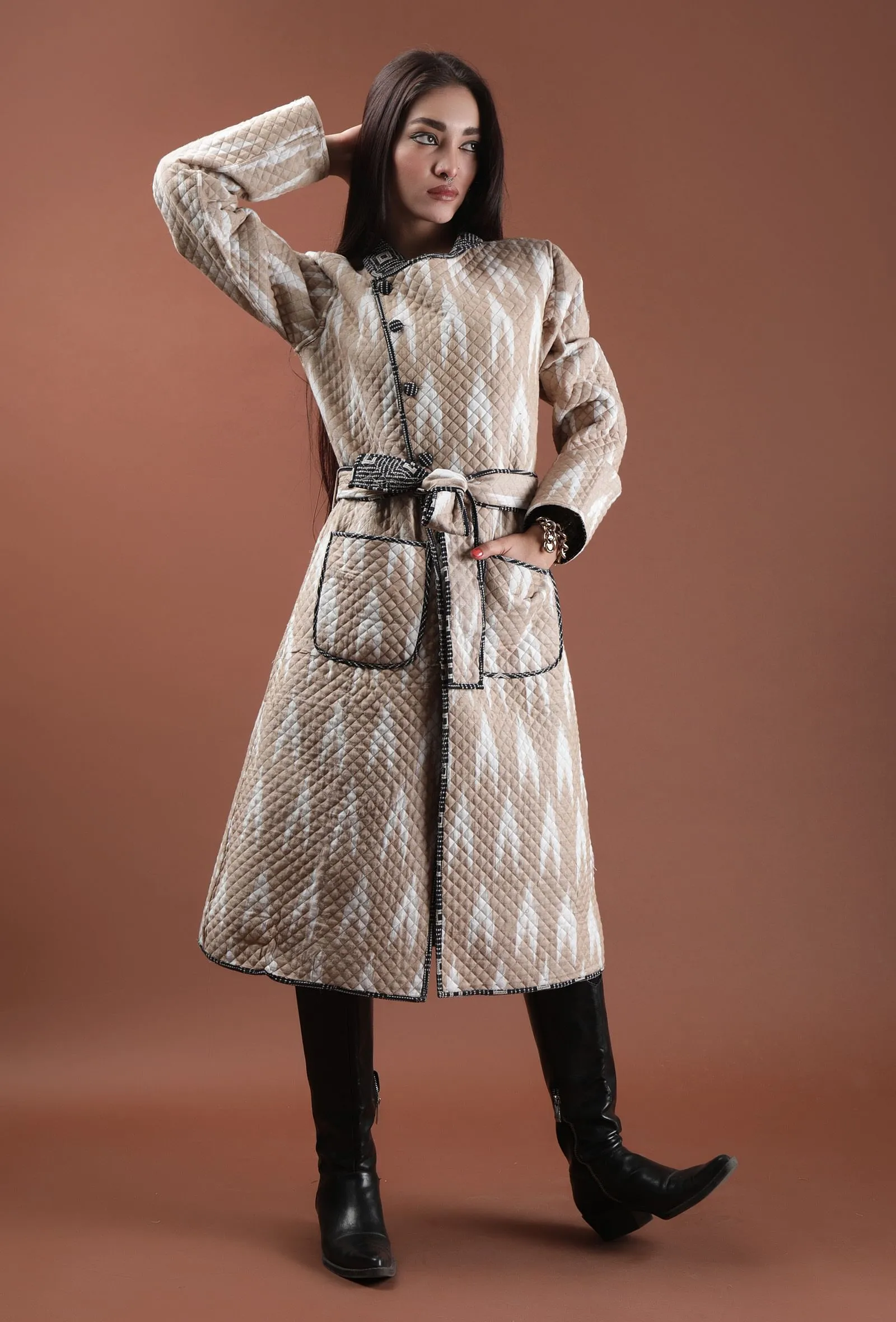 Cedar Ecru Ikat & Black Ajrakh Printed Reversible Quilted Wrap Coat