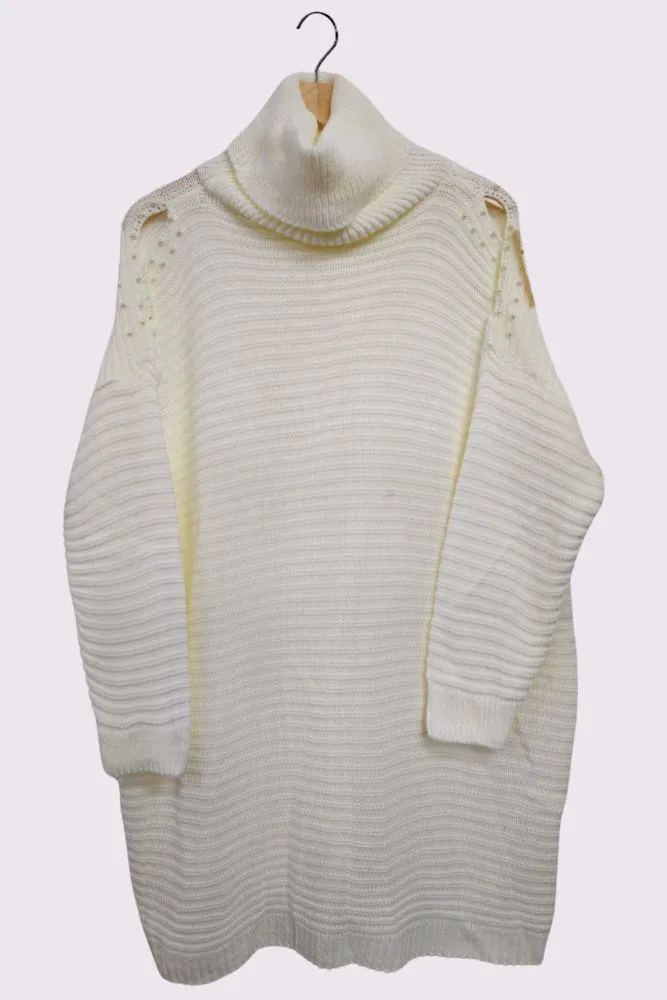 Cold Shoulder Pearl Design Knit Style Oversized Jumper