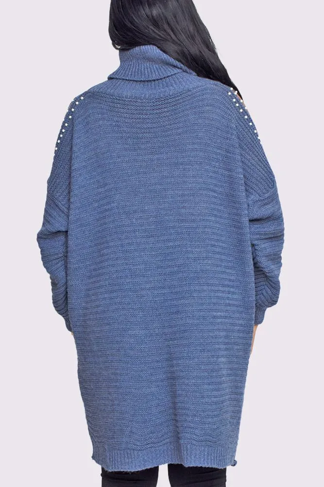 Cold Shoulder Pearl Design Knit Style Oversized Jumper