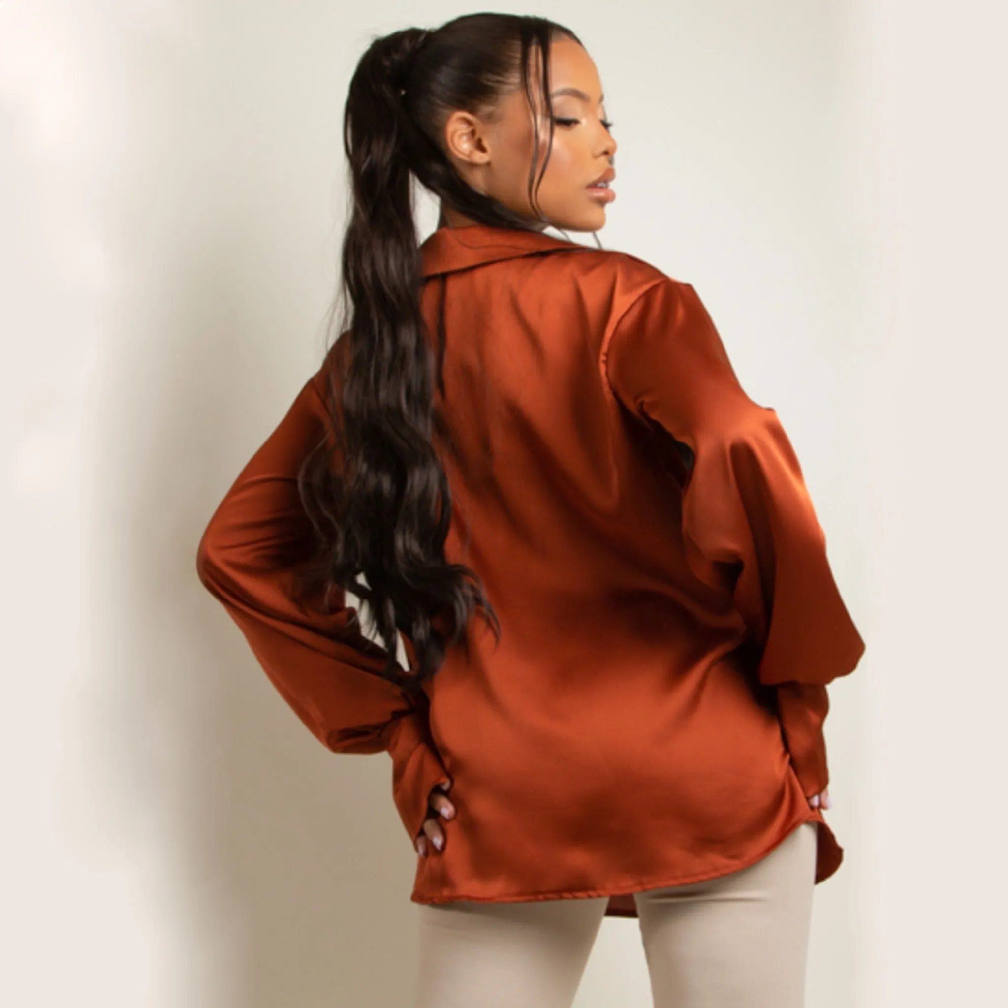 Cowl Neck Long Sleeve Satin Top