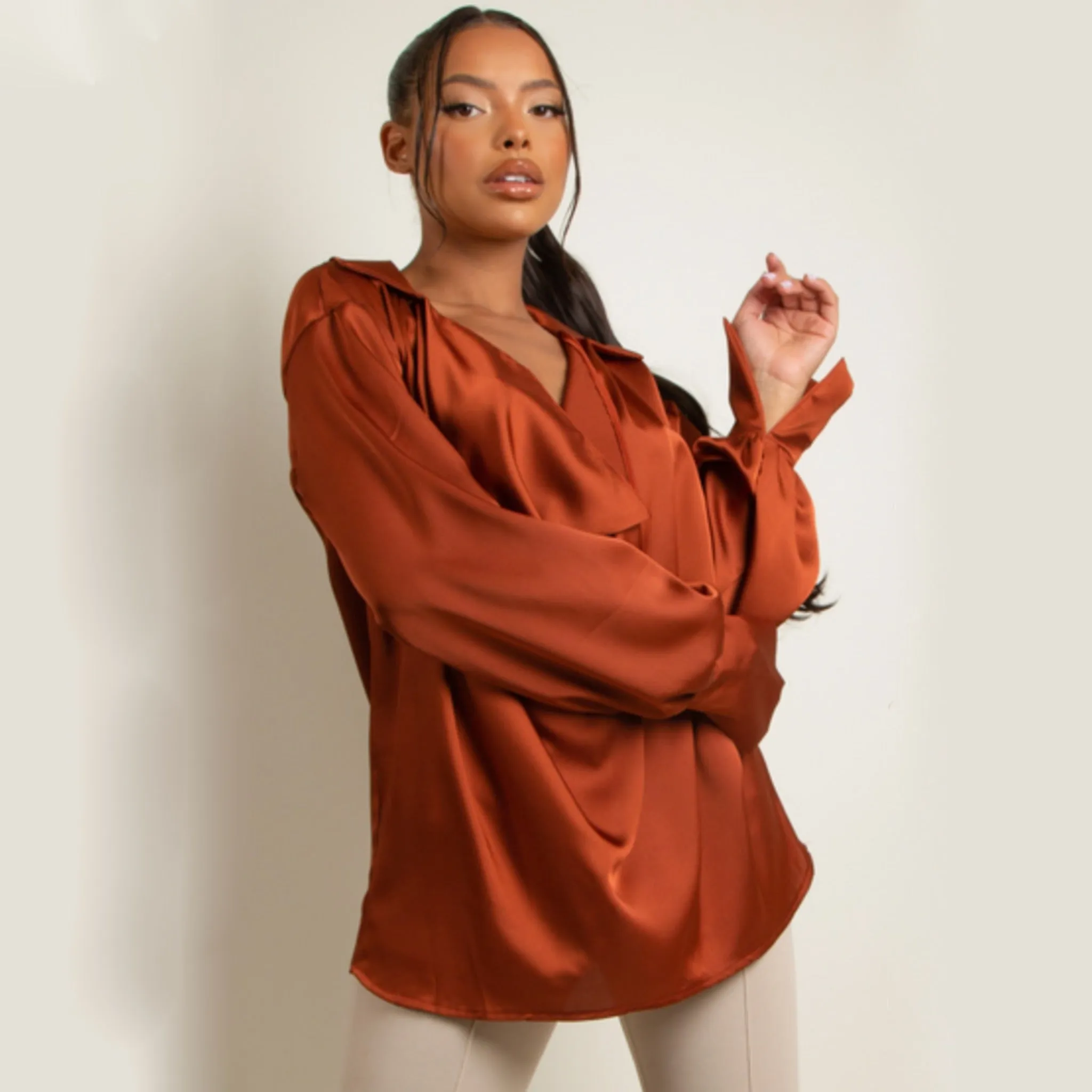 Cowl Neck Long Sleeve Satin Top