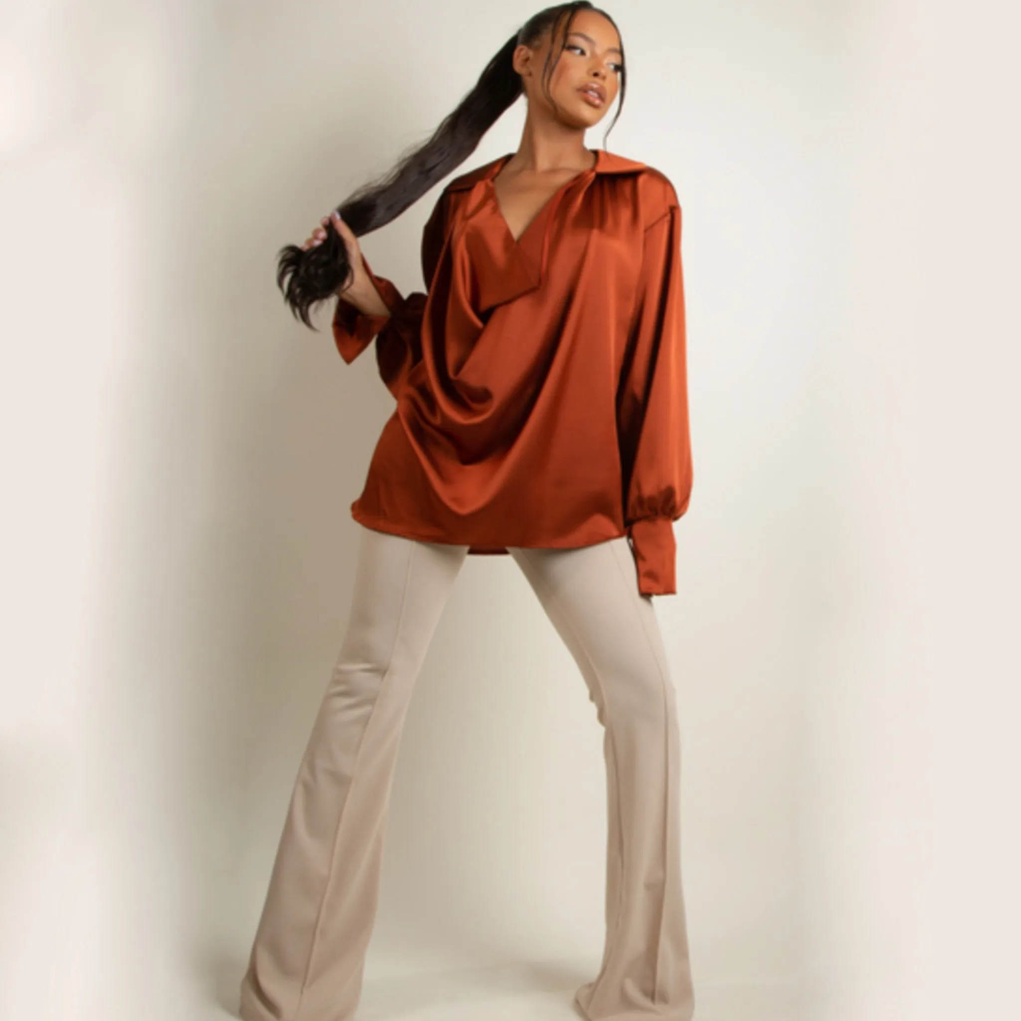 Cowl Neck Long Sleeve Satin Top