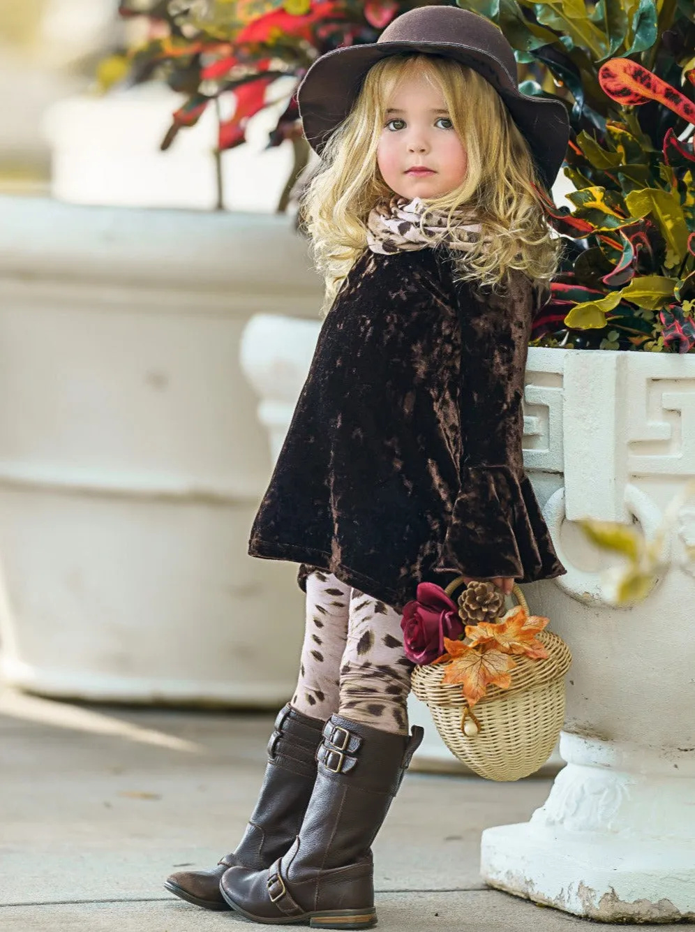 Cute Crushed Velvet Cheetah Leggings And Scarf Set