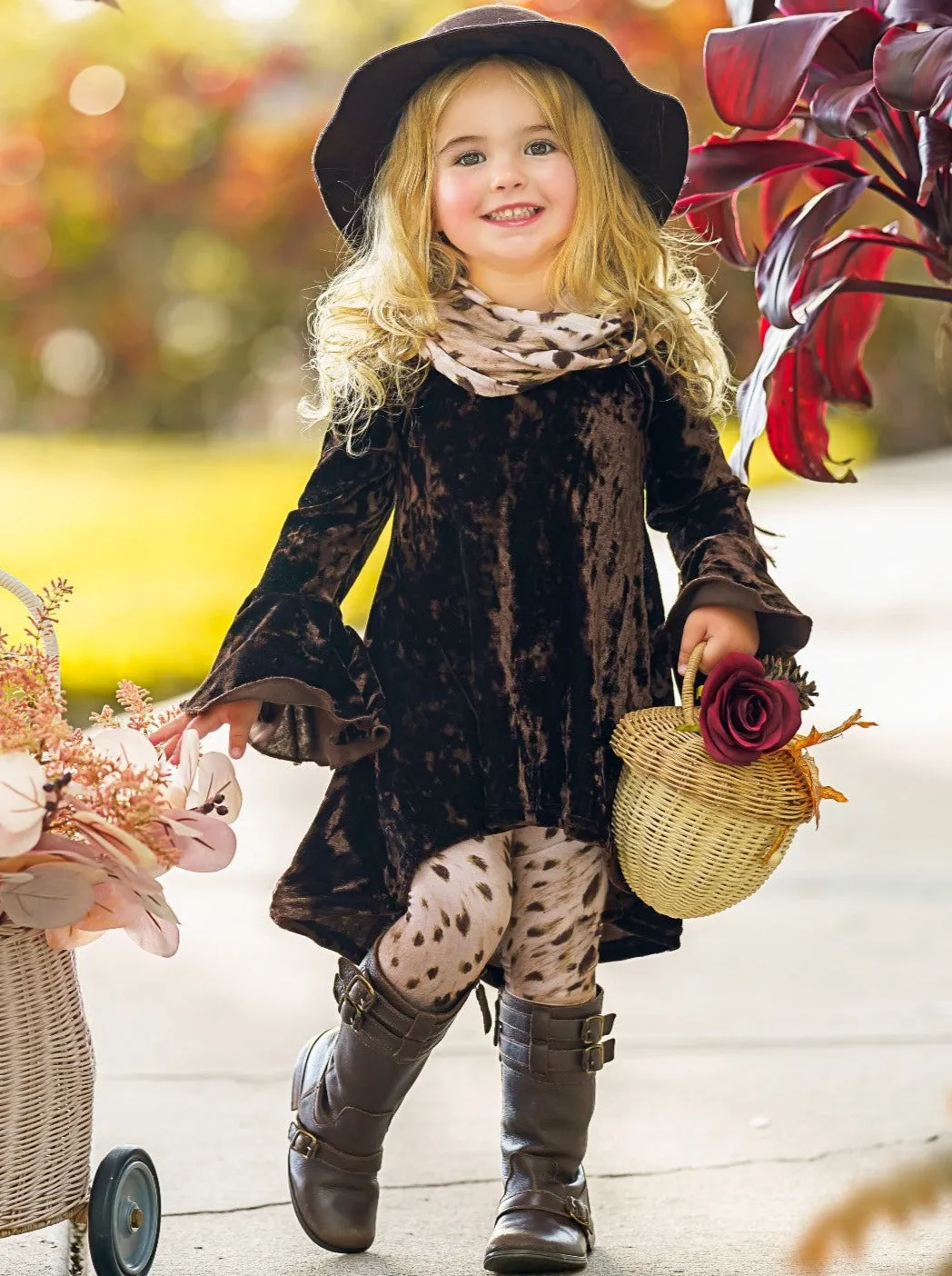 Cute Crushed Velvet Cheetah Leggings And Scarf Set