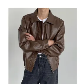 Flytonn-90s streetwear tore 90s fashion men Korean Style  Autumn and Winter Retro Leather Coat Loose Short Leather Coat Men's Handsome Trendy Top Ins