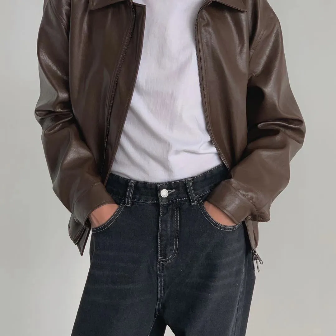 Flytonn-90s streetwear tore 90s fashion men Korean Style  Autumn and Winter Retro Leather Coat Loose Short Leather Coat Men's Handsome Trendy Top Ins