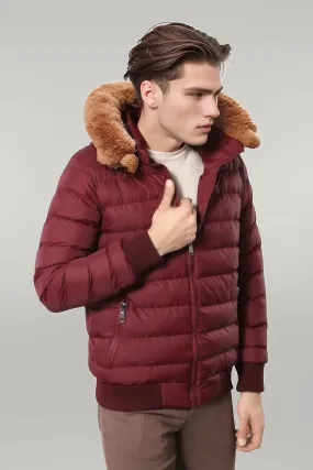 Fur Hooded Burgundy Men Down Coat - Wessi