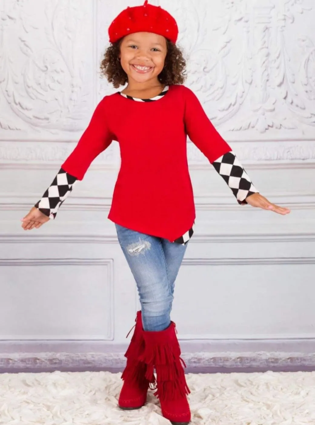 Girls Asymmetric Long Cuffed Sleeve Harlequin Print Tunic