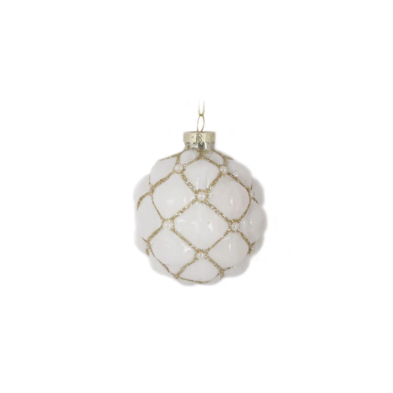 Glass White And Gold Quilted Bauble 8cm