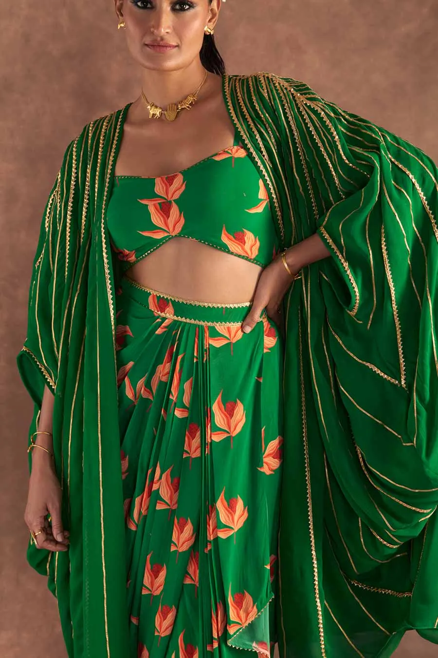 Green Nectar Cup Drape Skirt Set With Cape