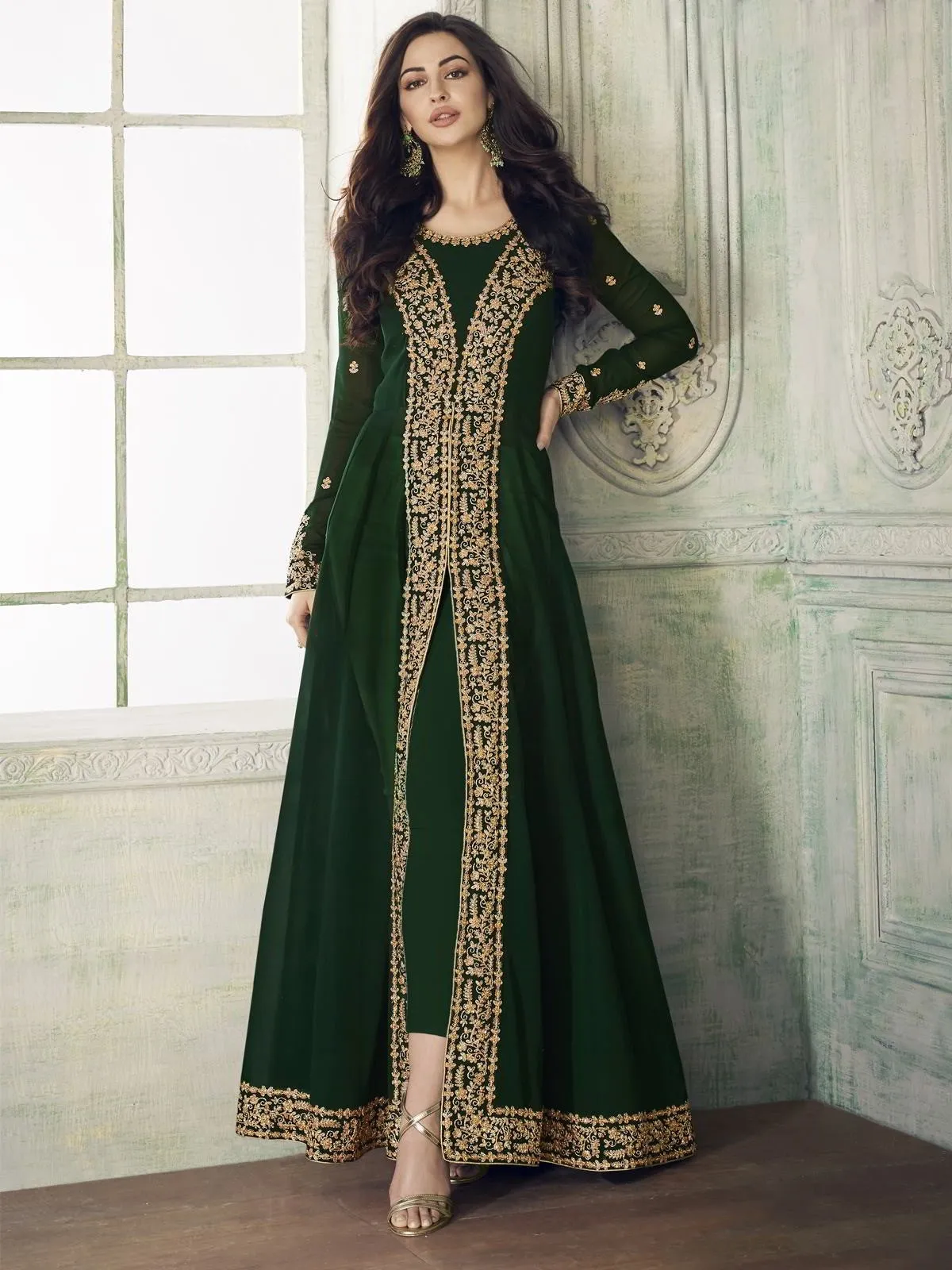 Green Overall Embroidered Party Wear Pant Suit