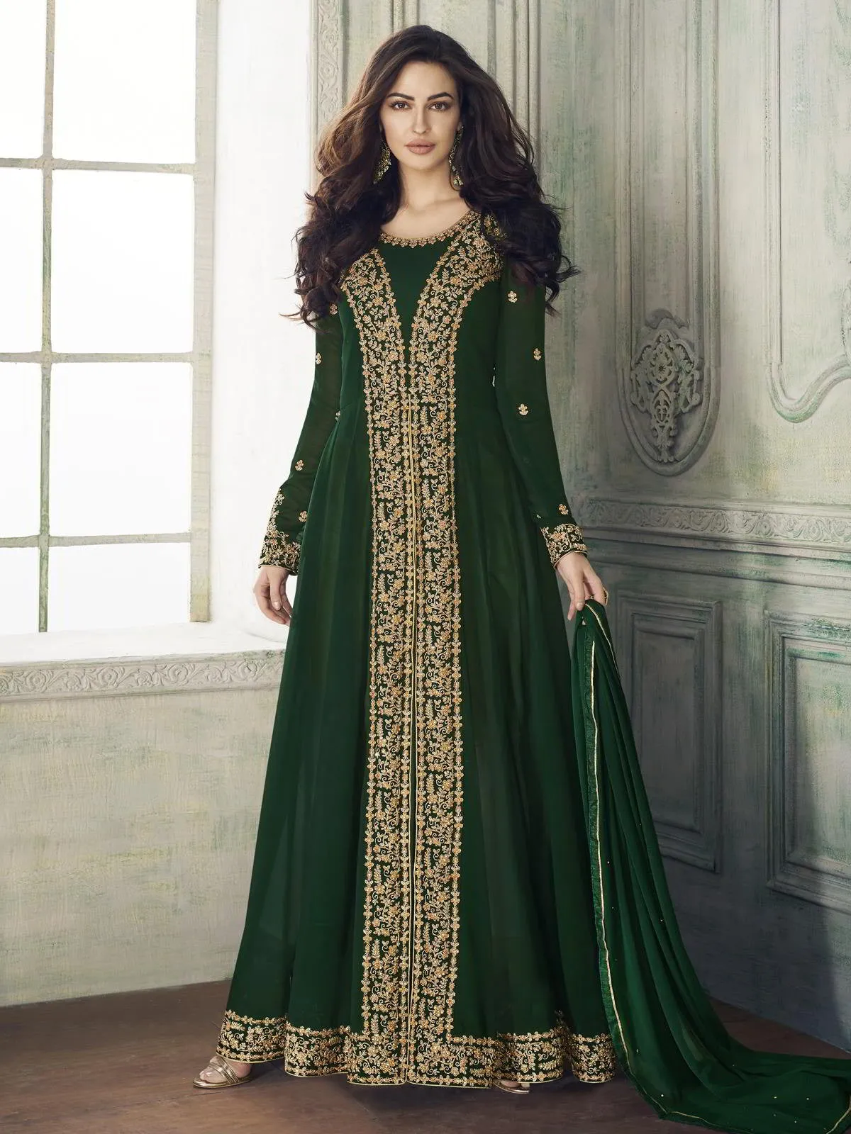 Green Overall Embroidered Party Wear Pant Suit