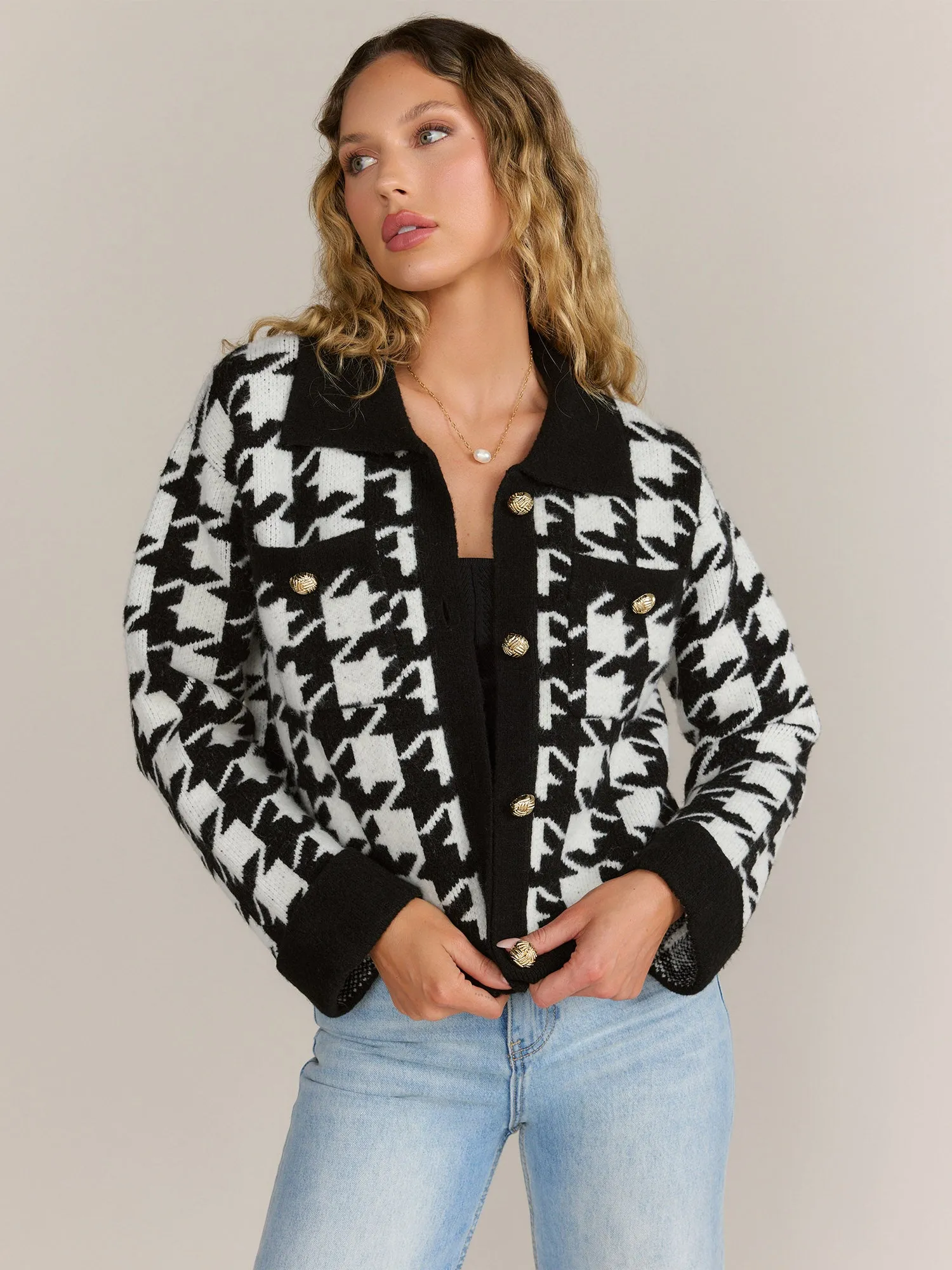 Grey Lab Long Sleeve Houndstooth Cardigan - Brands We Love