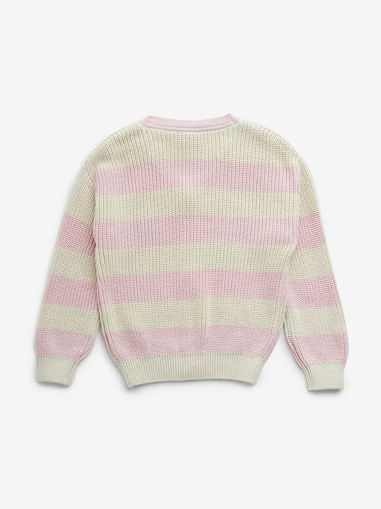 HOP Kids Pink & Ecru Embroidered Knitted Cotton Cardigan