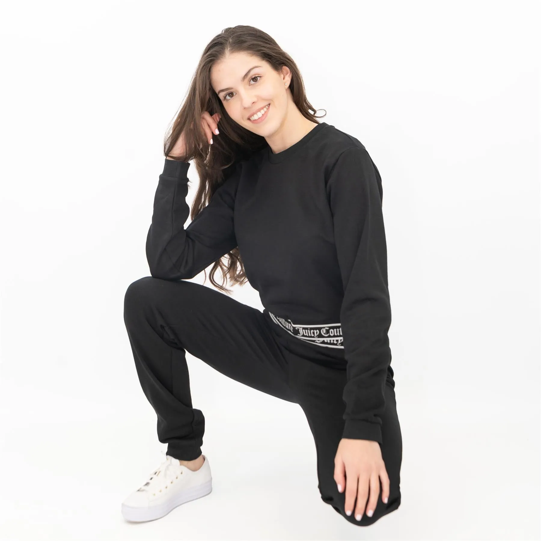 Juicy Couture Girls Black Long Sleeve Outfit Set Crop Top with Joggers Style Trousers