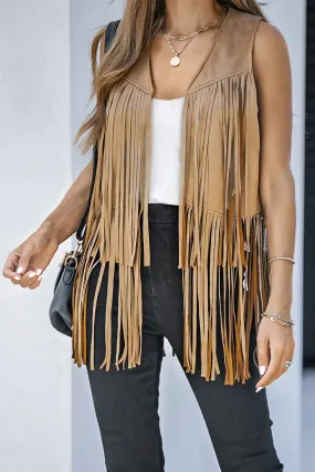 Khaki Fringed Quilted Hem Open Vest Coat