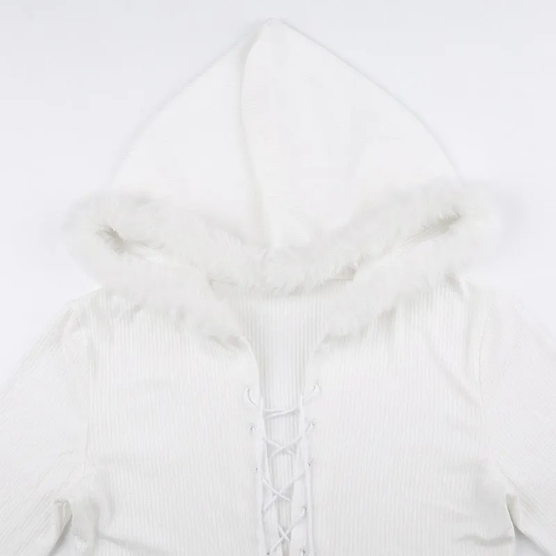 Lace Up Fur Hooded Cardigan