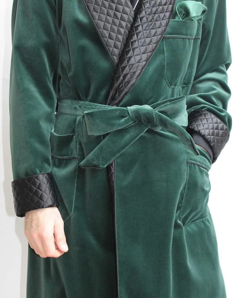 Mens Jacket Green Velvet Quilted Robe De chambre Evening Dinner Coat Robe