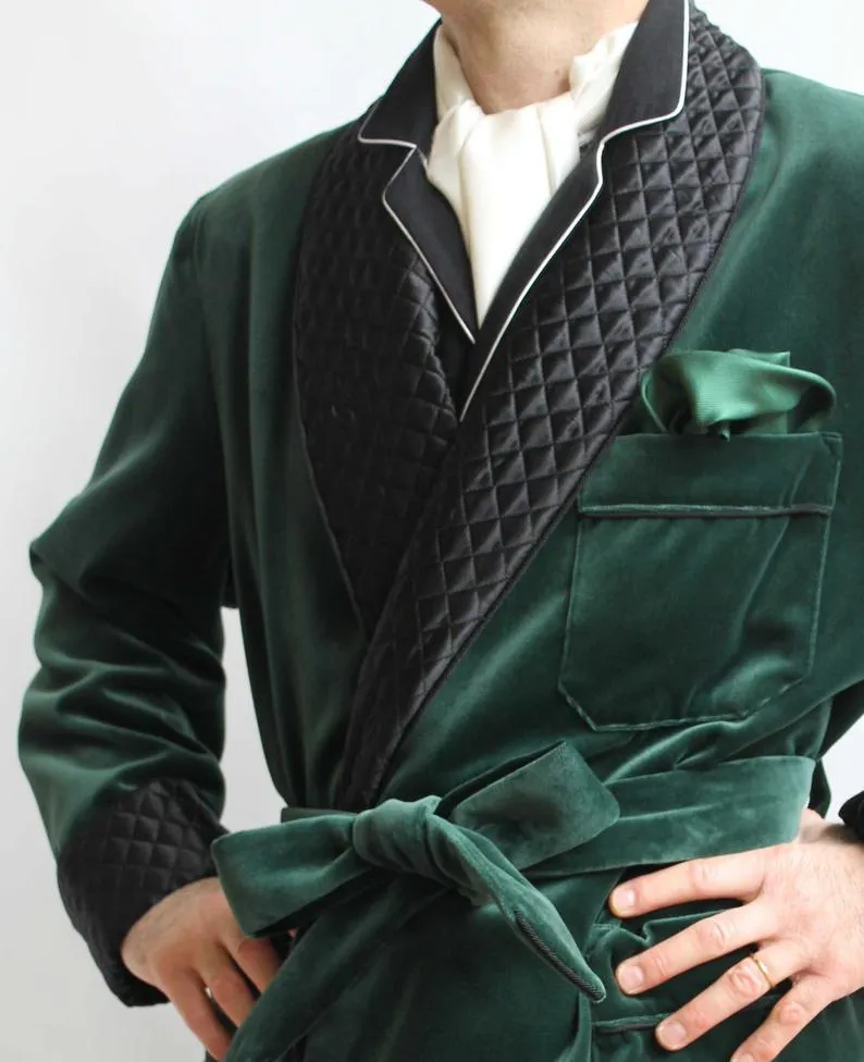 Mens Jacket Green Velvet Quilted Robe De chambre Evening Dinner Coat Robe