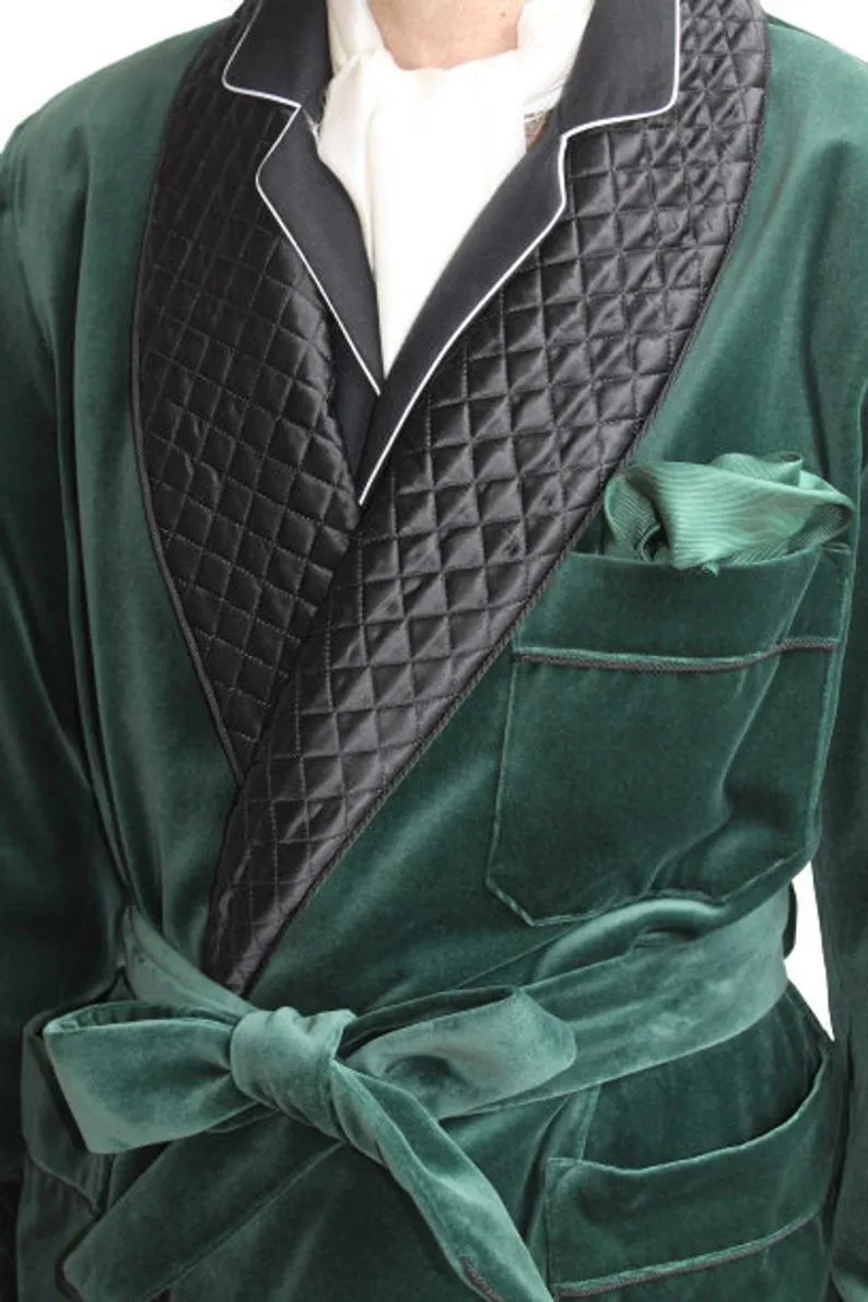 Mens Jacket Green Velvet Quilted Robe De chambre Evening Dinner Coat Robe