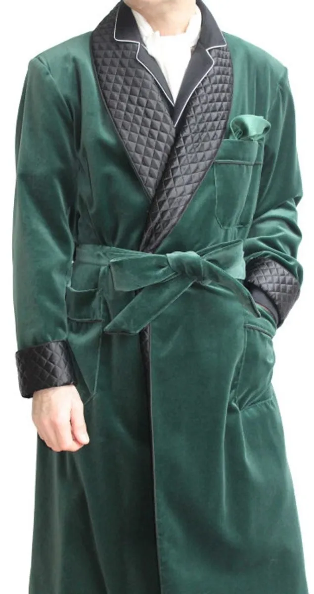 Mens Jacket Green Velvet Quilted Robe De chambre Evening Dinner Coat Robe