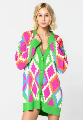 Multicoloured Button-Up Cardigan - Green