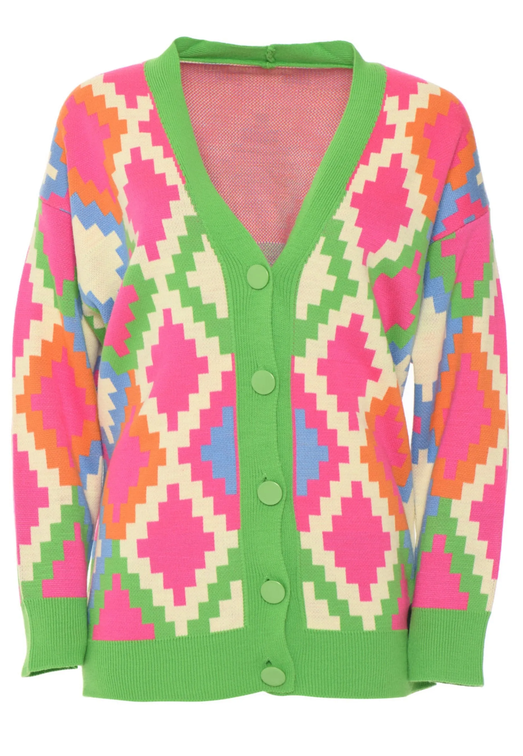 Multicoloured Button-Up Cardigan - Green