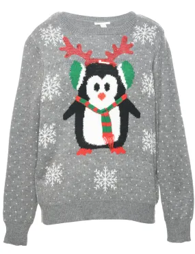 Nordic Print Penguin Christmas Jumper - L