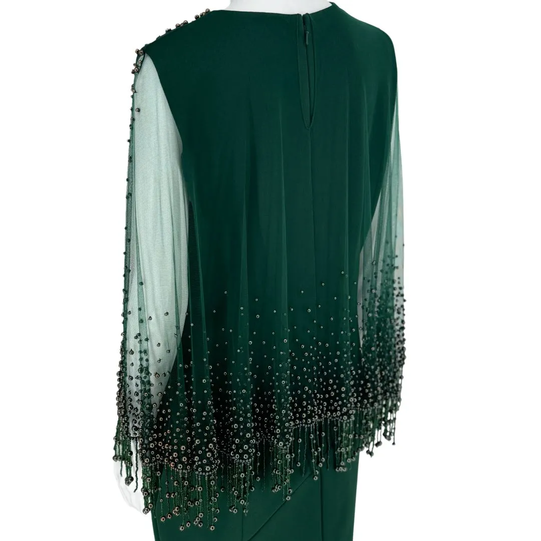 PAMELLA ROLAND Forest Green Pencil Dress w/ Beaded Overlay Cape - Sz 8