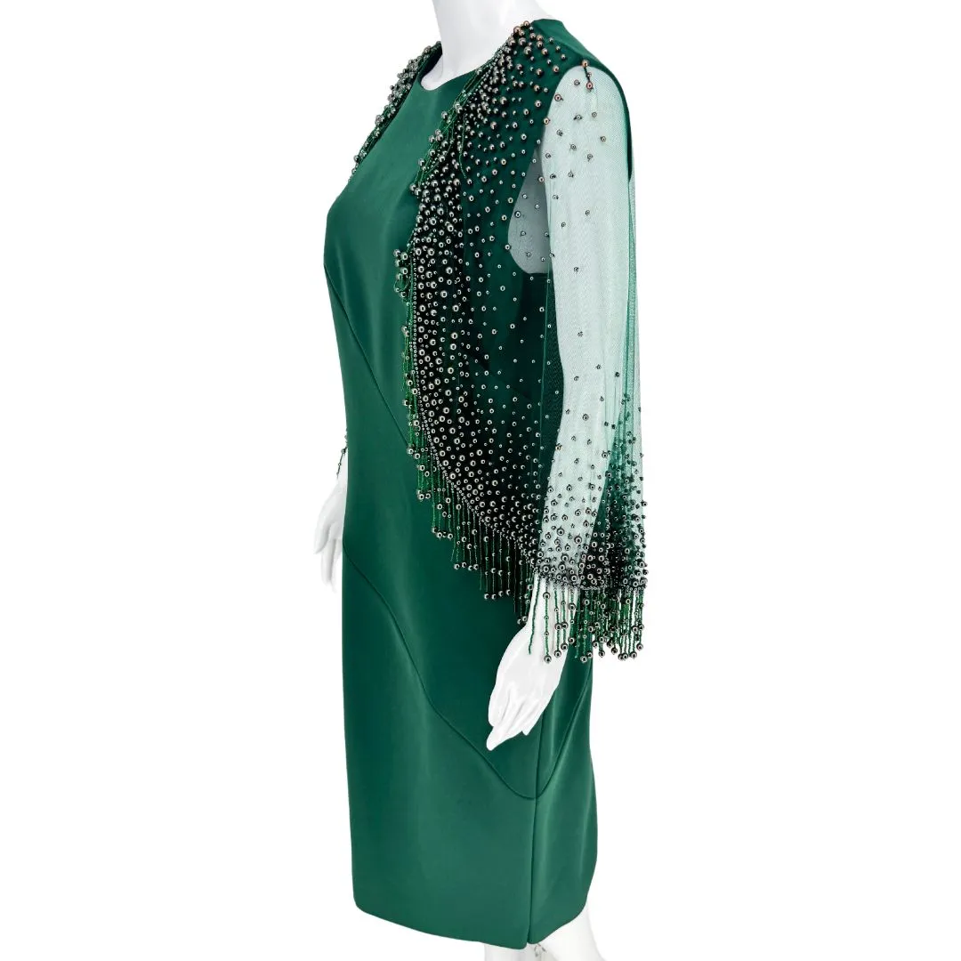 PAMELLA ROLAND Forest Green Pencil Dress w/ Beaded Overlay Cape - Sz 8