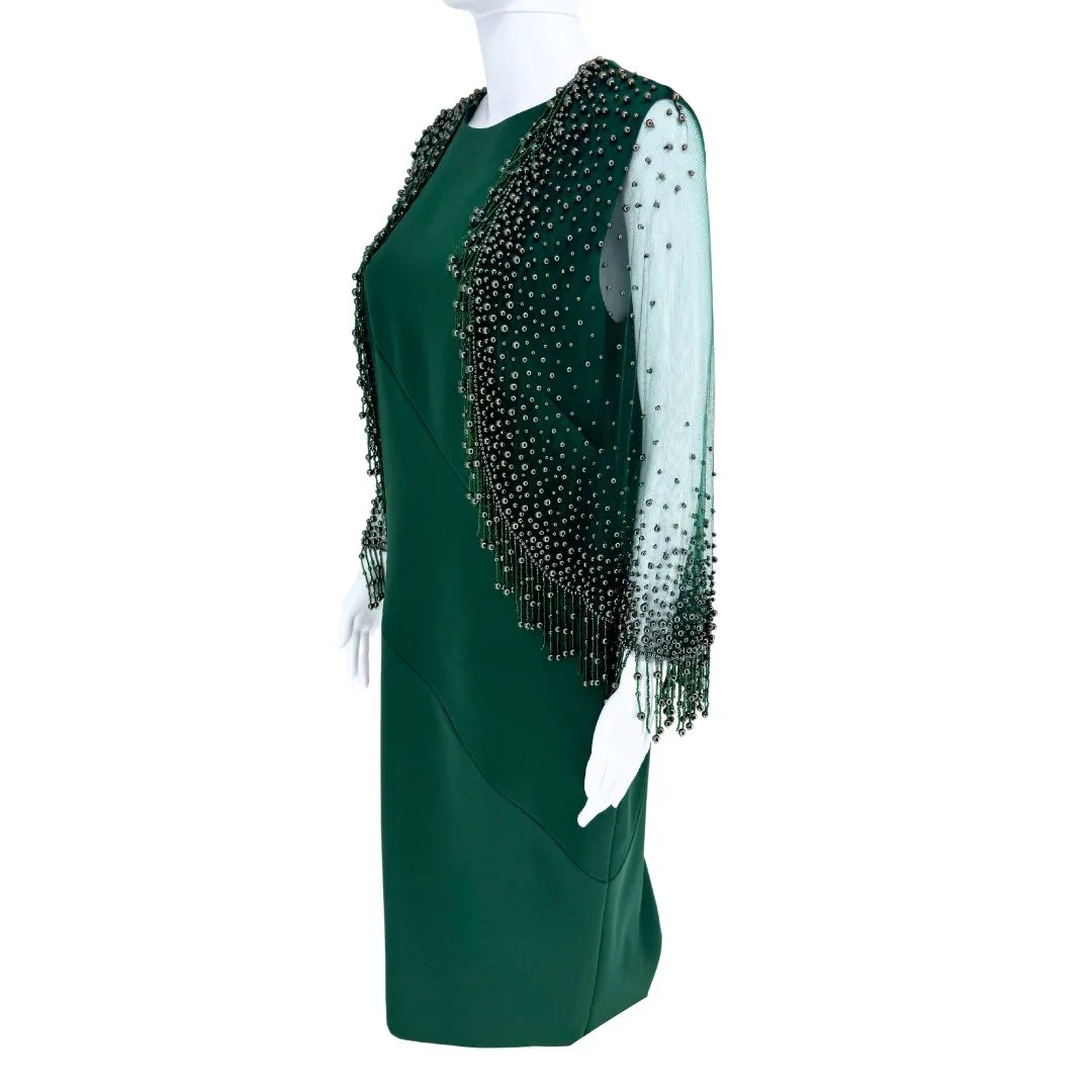 PAMELLA ROLAND Forest Green Pencil Dress w/ Beaded Overlay Cape - Sz 8